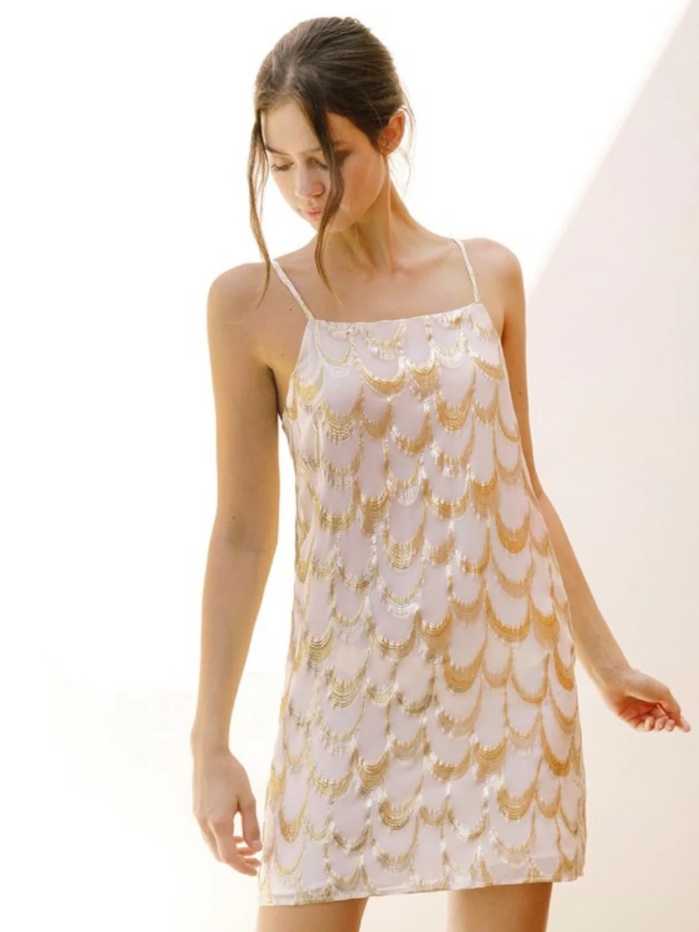 Storia Gals Night Out Skyline Metallic Gold Silver Silk Mini Dress